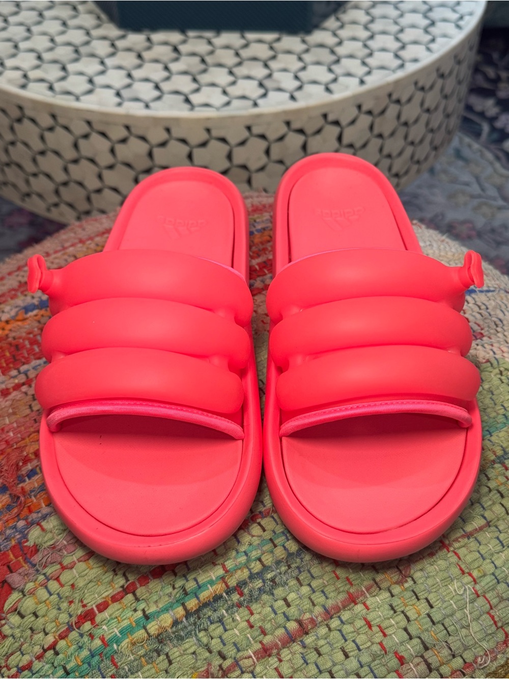 adidas Women's Padded Slide Sandals Blow up poolside in Bright Neon Pink